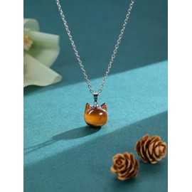 Jovivi Cat Gifts Necklace Natural Tiger Eye Healing Crystal Stones Pendant Necklaces for Women Men Gemstone Mini Cute Animal Lucky Cat Lovers Jewelry