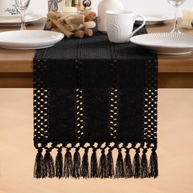 MLMW Black Table Runner 36 inches Boho Small Short Coffee Table Centerpiece Decor Macrame Dresser Runner with Tassels for Rustic Spring Living Room Dining Room Bedroom Home Decor