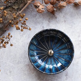 Asayu Japan Lotus Incense Holder for Sticks 4.1 inch (105 mm), Traditional Made in Japan Ceramic Ash Catcher and Brass Incense Burner Set - Navy Dark Blue Lotus log burner accessories