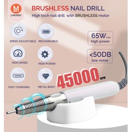 Lumcrissy Professional Nail Drill Machine - 2-in-1 Brushless Motor Nail File, 45000 RPM 2*3500mAh Portable Efile for Acrylic Gel Nails with 6 Bits & ETL-Certified USB Charger for Salon & Home