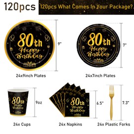 120Pcs 80th Birthday Party Supplies Plates Napkins Cups Forks Tableware Set Gold Black Happy 80th Birthday Themed Disposable Tableware Decoration Serves 24 Guests for Men Women 80 Years