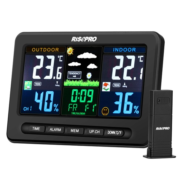 RISEPRO Wireless Weather Station with Outdoor Remote Control Sensor In Out Temperature and Humidity Alarm Clock Calendar Weather Forecast Colour LCD Display