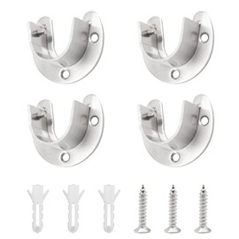 Yosawo Pack of 4 Round Tube Brackets, Rod Holder, Stainless Steel, Adjustable, U-Shape Socket Flanges with Screw for Wardrobe, Cabinet, Balcony, Bathroom (Silver/25 mm)