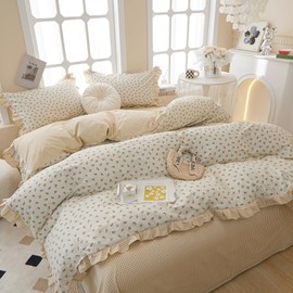 HighBuy Vintage Duvet Cover Twin Size Boho Floral Ruffle Comforter Cover Set Twin 100% Cotton Lightweight Soft Coquette Bedding Plaid Duvet Cover with Lace Pillowcases,Breathable,Twin Set