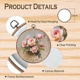 Tzhim Vintage Pink Rose Floral Round Wall Art, Cottagecore Shabby Chic Floral Round Wall Decor Framed, Retro Rustic Botanical Canvas Walls Sculptures for Home Bedroom Living Room Decor, 10x10 Inch