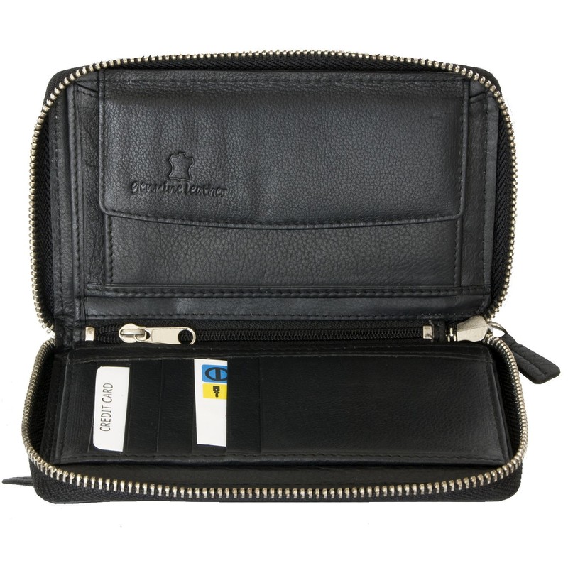 FLW Women's Black Metal Zip-Around Genuine Leather Wallet