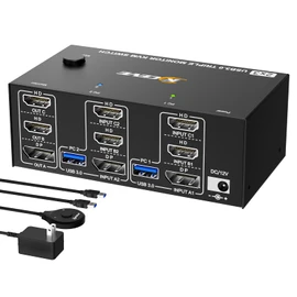 2HDMI+Displayport KVM Switch 3 Monitors 2 Computers 8K@60Hz 4K@144Hz,KVM Swtiches Triple Monitor for 2 PC Share 3 Monitor and 4 USB Port Support Extended & Mirrored Mode,Adapter and Cables Included
