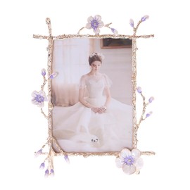 Kawaii-Story BM-xy0029-2 Metal Photo Frame Luxury Design Gold White Purple Flowers Decoration Photo Size 13 x 18 cm (5 x 7 Inches)