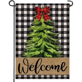 Welcome Christmas Tree Winter Double-sided Garden Flag 12x18 inch, Home Outdoor Garden Season and Black and White Plaid Garden Flag Decoration -B