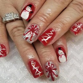 Christmas Press on Nails Short Square French Tip Fake Nails Red Bow False Nails with Designs Cute Snowman Glitter Glossy Glue on Nails Xmas Acrylic Nails for Women Girls 24 Pcs