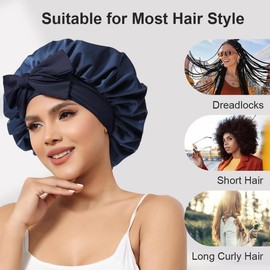 Satin Hair Cap for Women, Double Sided Silk Bonnet for Sleeping, Sleep Cap, Hair Protect for the Night Bonnet with Elastic Band (Dark Blue)