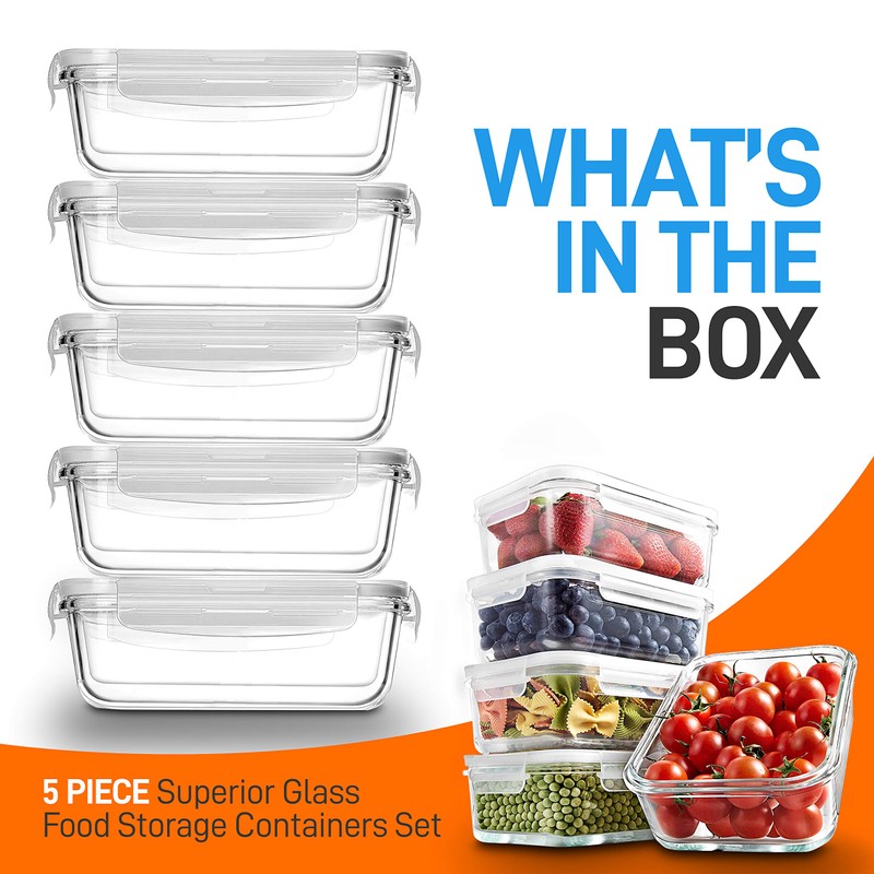 NutriChef 10-Piece Superior Glass Food Storage Containers Set (5 Containers
