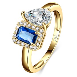 Yaresul Toi Et Moi Ring 925 Sterling Silver 14k Gold Plated Women Sapphire Engagement Ring White Gold Plated 6x8mm Double Stone Ring Emerald & Pear Cut CZ Wedding Band Width Band 2mm - Size 9