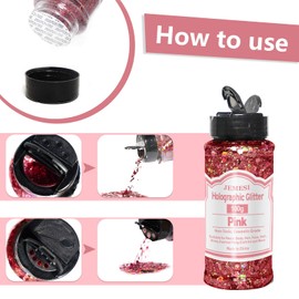 Holographic Chunky Glitter, Pink, 100 g, Chunky Sequin Glitter, Craft Glitter for Resin, Face, Nails, Body, Slime, Festival Party Art