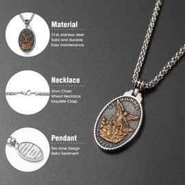 WESTMIAJW Saint St Michael Necklace Stainless Steel Archangel St Michael Medal Pendant Necklace Jewelry for Men 60cm
