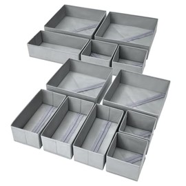 DIMJ 12Pack Drawer Organiser for Clothing - Foldable Dresser Dividers, Wardrobe Storage Organiser for Underwears, Nursery, Baby Clothes, Socks, Ties, Towel (Light Grey)
