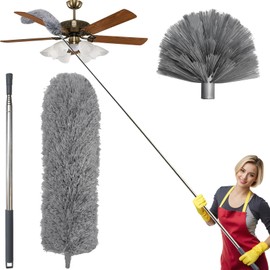 100 Inch Cobweb Duster, Spider Web Brush & Microfiber Feather Duster with 100" Extension Pole, Bendable Head, Scratch-Resistant Cover, Washable Duster for Home Ceiling, Fan, Furniture (Gray)