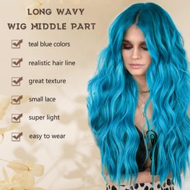 BEAUTIFA Teal Blue Wig for Women, Teal Blue Wavy Wig Middle Part 26 Inch Blue Wigs Heat Resistant Synthetic Wigs for Daily Party Use