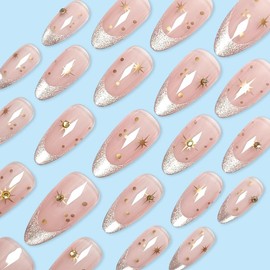 24PCS French Tip Press on Nails Medium Almond Fake Nails Gold Glitter Full Cover Glue on Nails Star False Nails Summer Artificial Stick on Nails Reusable Stiletto Acrylic Nails for Women French Salon