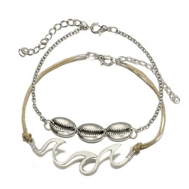 Anglacesmade Bohemia Shell Wave Anklet Set Conch Leather Foot Chain 2 Pcs Boho Beach Ankle Bracelet for Women