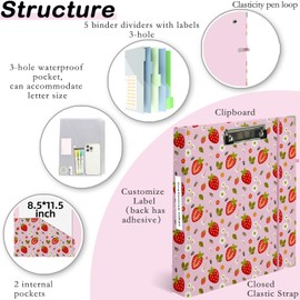 Etzul 3 Ring Binder 1 inch with Clipboard - Pink Strawberry Design, Includes Dividers, File Bag & Spine Label - Cute and Practical for Students and Organizers, Holographic Waterproof Film