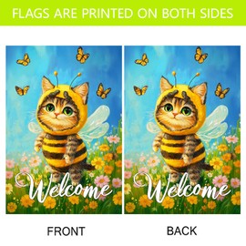 Morigins Welcome Happy Bee Cat Garden Flag Double Sided Sunshine Sunflower Funny Spring Farmhouse Yard Flag Outdoor Outside Decoration House Flag 28×40 inch