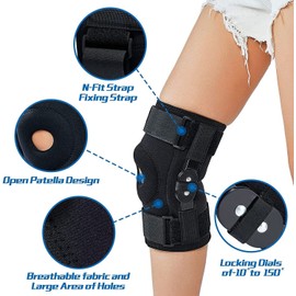 Compression Knee Brace for Women & Men,Hinged Knee Brace with Side Stabilizers, Adjustable Patella Knee Strap for Knee Pain,Meniscus Tear,Arthritis,Tendinitis Pain (L)