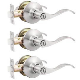GOBEKOR 3 Pack Satin Nickel Privacy Door Handles for Bedroom and Bath Lever Door Handle Interior with Lock Wave Door Levers Keyless