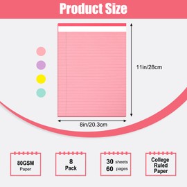 EOOUT 8 Pack Colored Legal Pads Writing Pads 8x11 Inch, 80GSM Thick Paper Note Pads 30 Sheets College Ruled Legal Notepads Steno Pads To Do List for Office Work