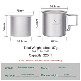 iBasingo 220ml Titanium Cup with Strainer Camping Mug with Lid Foldable Handle Single-walled Lightweight Portable for Outdoor Drinking Drinkware US-Ti3057D