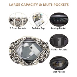 Women Duffle Weekender Travel Bag: Large Duffel Bags with Shoe Compartment Carry On Overnight Tote Bag with Wet Pocket Toiletry Bag Traveling Weekend Gym Yoga Hospital Bags for Womens Leopard