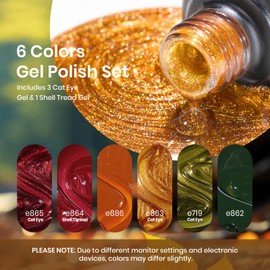 Beetles Cat Eye Gel Nail Polish Set, 6 Fall Colors Red Burgundy Orange Olive Green Autumn Oasis Cat Eye and Pearl Gel Polish with Magnet Soak Off LED Nail Art Kit DIY Salon at Home Gifts for Women