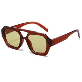 Breaksun Retro Aviator Sunglasses for Women Men Trendy 70s Hexagonal Square Double Bridge Vintage Sun Glasses, Dark Brown/Green Yellow, MM