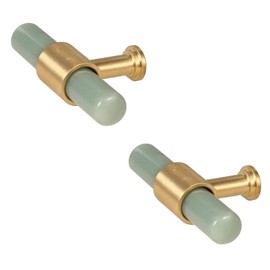 mookaitedecor Set of 2 T Bar Crystal Drawer Pulls Handles with Screws, Brushed Brass Stone Knobs for Cupboard Kitchen Chest of Drawers Decoration, Green Aventurine Stone