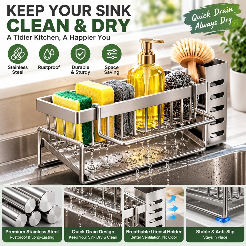 Stainless Steel Sink Organizer for Kitchen & Bathroom – Multifunctional