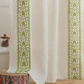 ColorBird Boho Semi Sheer Curtains Giliterr Green Floral Embroiderd Linen Textured Patterned Curtains & Drapes 84 Inches Long for Living Room Decor Bedroom Bathroom Bedroom Window Treatment