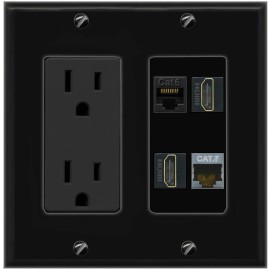Wall Plate City CAT6 CAT7 2 HD Port Wall Plate Black w Power Outlet