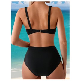 SOLY HUX Women's 2 Piece Bikini Set Metal Decor Push Up High Waisted Bathing Suit Beachwear Pure Black Small