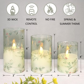 FLAVCHARM Glass Flameless Candles Flickering Battery Operated LED Pillar Candles Set of 3 with Timer and and 10-Key Remote Green Branch Floral Spring Summer Theme for Wedding Festival Home Decoration