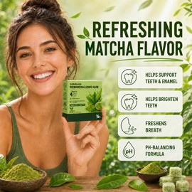 CURIPLAYA Matcha Remineralizing Chewing Gum with Hydroxyapatite & Xylitol, Sugar Free Green Tea Gum, Fresh Breath Oral Care, No Aspartame, Dyes or Gluten