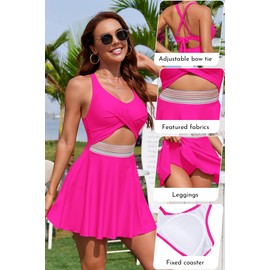 SHEKINI Women's One Piece Swimdress Twist Front Cutout Color Block Bathing Suit Crisscross Back Swimwear,Pink-XL