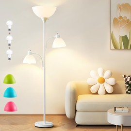 Luvkczc White Floor Lamp, 72" Tall Standing Floor Lamp with 5 Replace Lampshades, Torchiere Lamps with 8W Adjustable Reading Lights, Floor Lamps for Living Room, Bedroom, Office, Bulbs Included