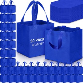Windyun 50 Pcs Reusable Gift Bag Bulk 8 x 6 x 8 Inch Non Woven Shopping Bag with Handle Reusable Grocery Tote for Christmas Party (Royal Blue)