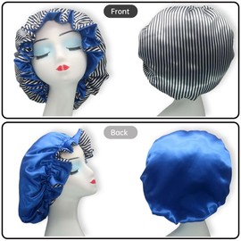 Hanbertti 2 Packs Double Layers Satin Sleeping Bonnet Adjustable Satin Hat Silk Bonnet Reusable Bath Hair Cap for Curly Hair（Stripe+Golden)