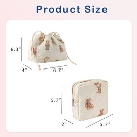 RSRSLEII 2Pcs Small Cotton Quilted Makeup Bag Set, Cute Coquette Drawstring Cosmetic Bag with Canvas Lining, Aesthetic Travel Organized Toiletry Bags for Purse (05White Bear)