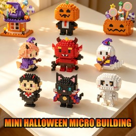 Beego 12 Halloween Favor Figures Micro Building Blocks Kit, Halloween Candy Haunted Castle House Skeleton Pumpkin Man Vampires Clown Witch Demon Ghost Zombie Black Cat DIY Gift for Adult, Teen 14+