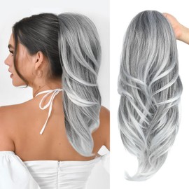 SEIKEA Versatile Drawstring Ponytail Extension, 18" Long Wavy Multi Layered Clip in Ponytail Hair Extensions Stand Up High Fake Pony Tail Soft Natural Synthetic Hairpiece Silver Grey to White