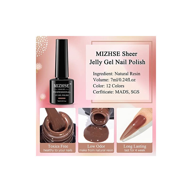 MIZHSE Jelly Gel Nail Polish Kit 12 Pcs, Clear Translucent