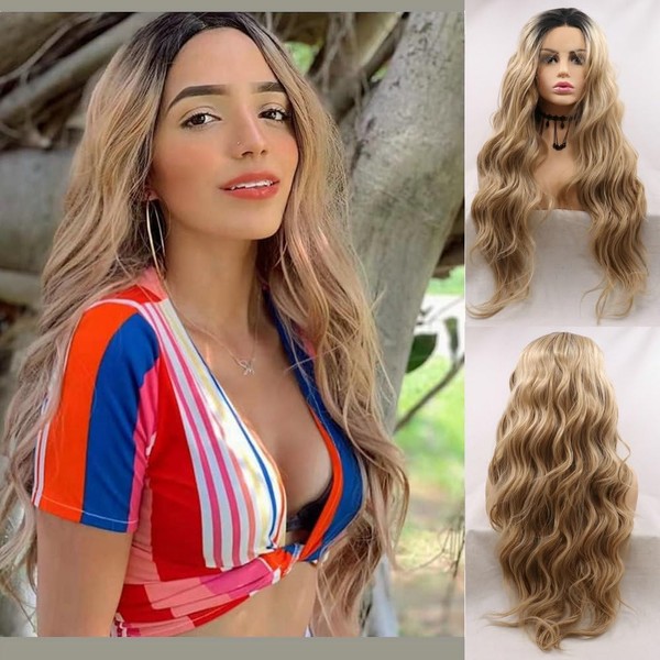 SereneWig 24 Inch Real Natural Medium Blonde Ombre Color Synthetic