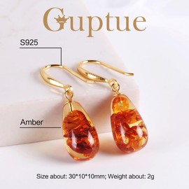 Natural amber earrings Teardrop amber earrings explosive multi-flower mood beautiful petal shape earrings for women Silver ear hook (Teardrop Amber)